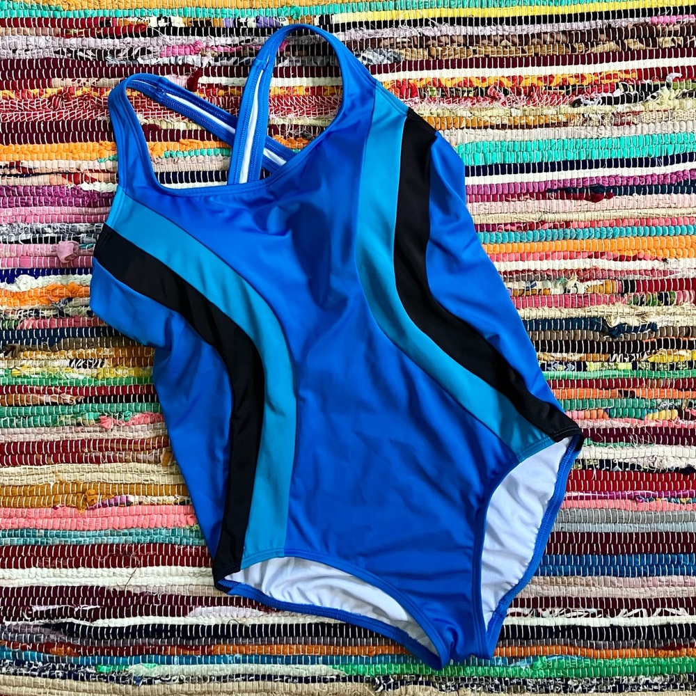 Lands' End Royal Blue One-Piece Swimsuit with Teal and Black Panels